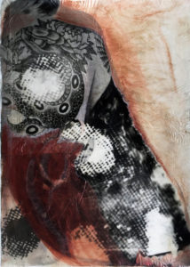 A woman with a serpent tattoo on her back is collaged with butterfly wings in palladium and red and orange watercolor.